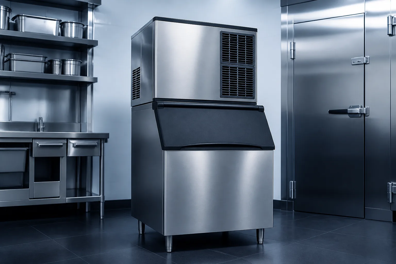 Commercial stainless steel ice machine in a service setting