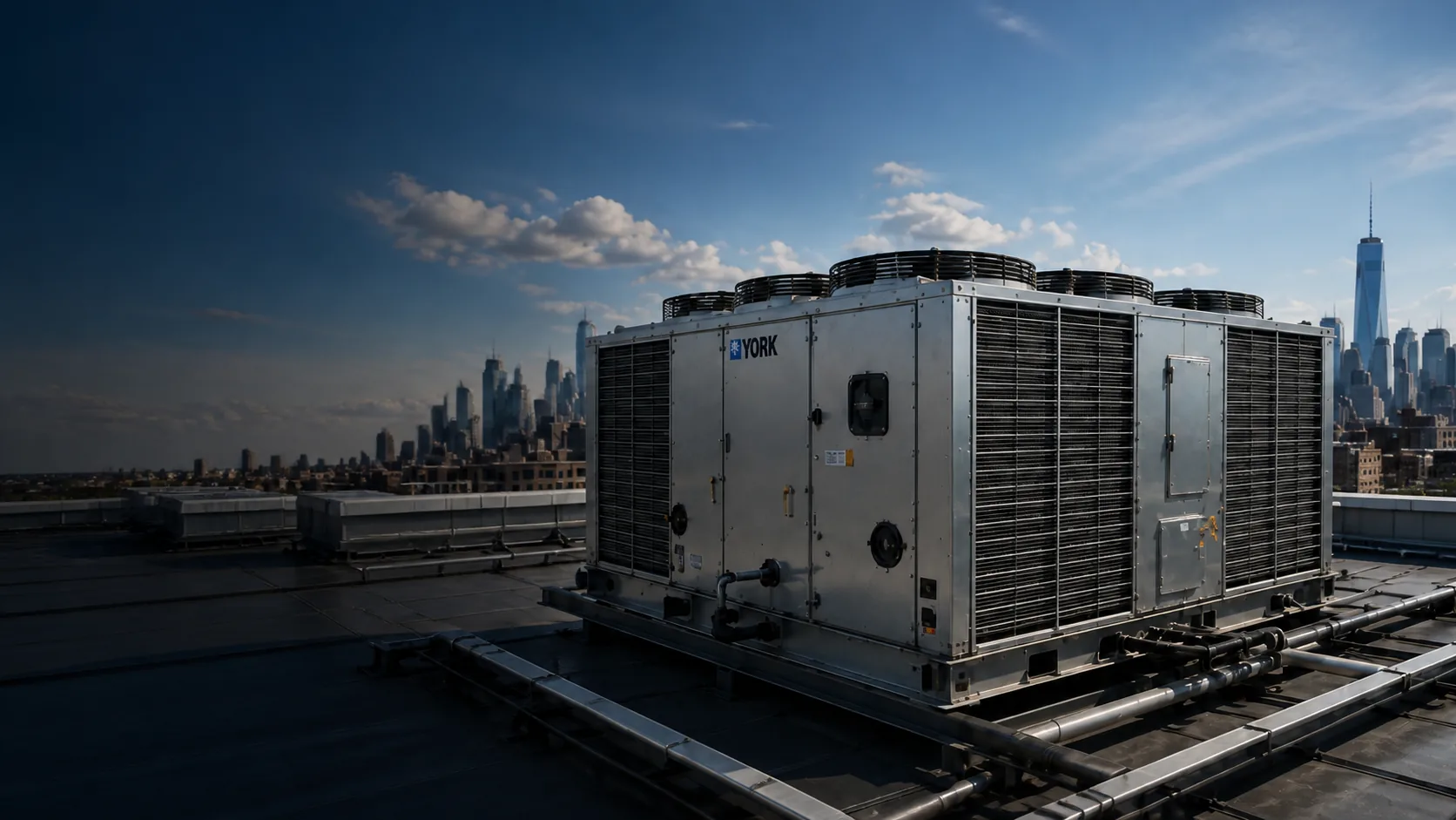 Commercial YORK rooftop HVAC equipment against the New York City skyline